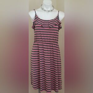 MOSSIMO Gray & Pink Striped Adjustable Straps Elastic Waist T Shirt Dress Sz L